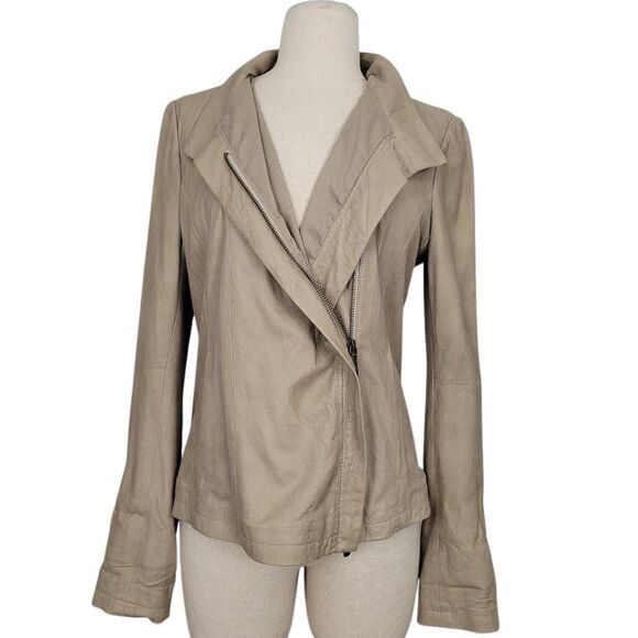Vince Tan Asymmetric Zip Leather Jacket in Natural Sz M Mock Neck Buttery Soft - Picture 2 of 12